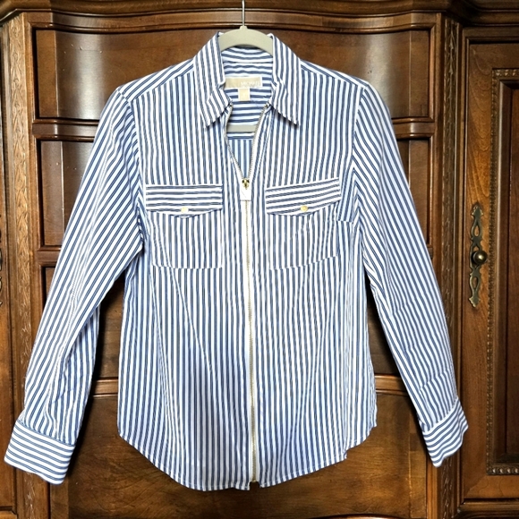 Michael Kors stripe, zip front top/shirt.  Blue and white. Size small. - Picture 1 of 16